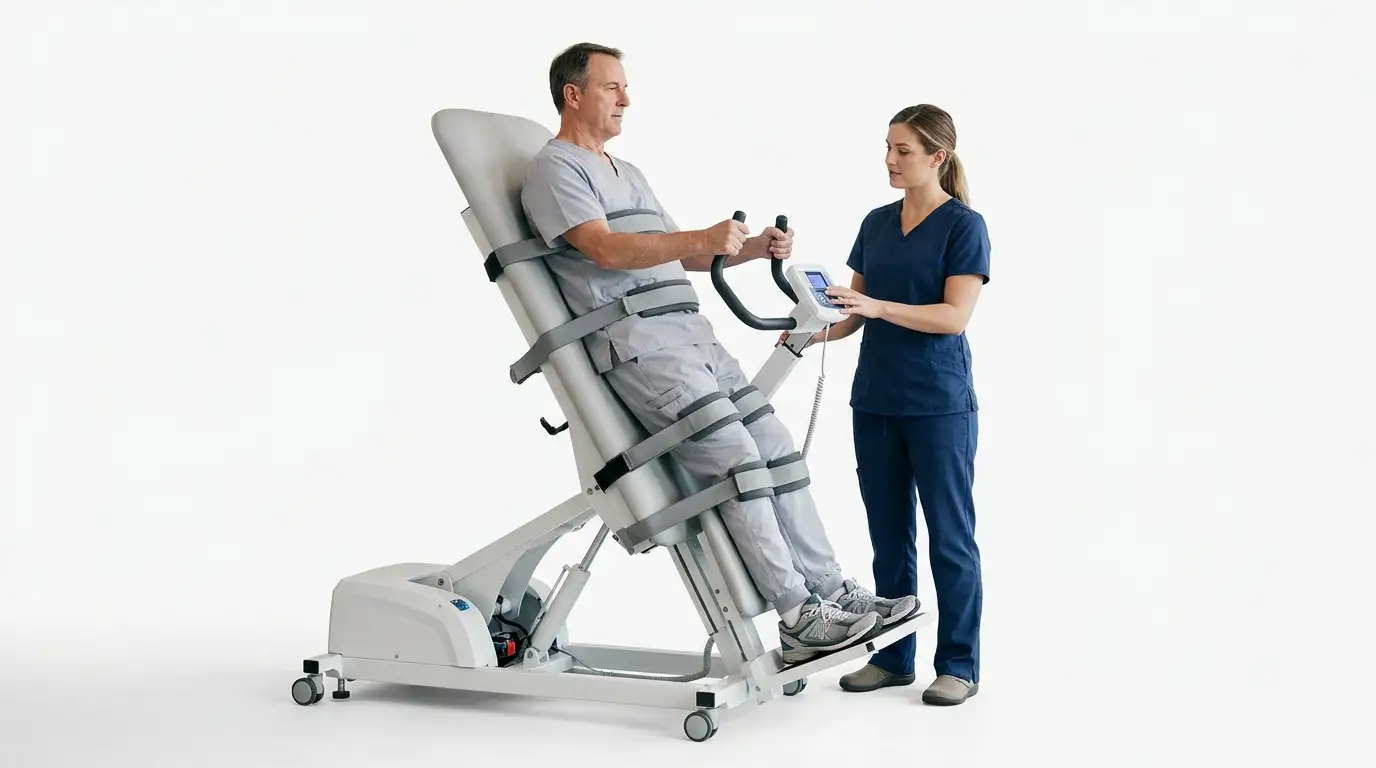 Patient receiving Motorized Tilt Table and Standing Frame Therapy at Wellnest Physio & Rehabilitation Centre in Kurnool for early standing rehabilitation and neurological recovery.
