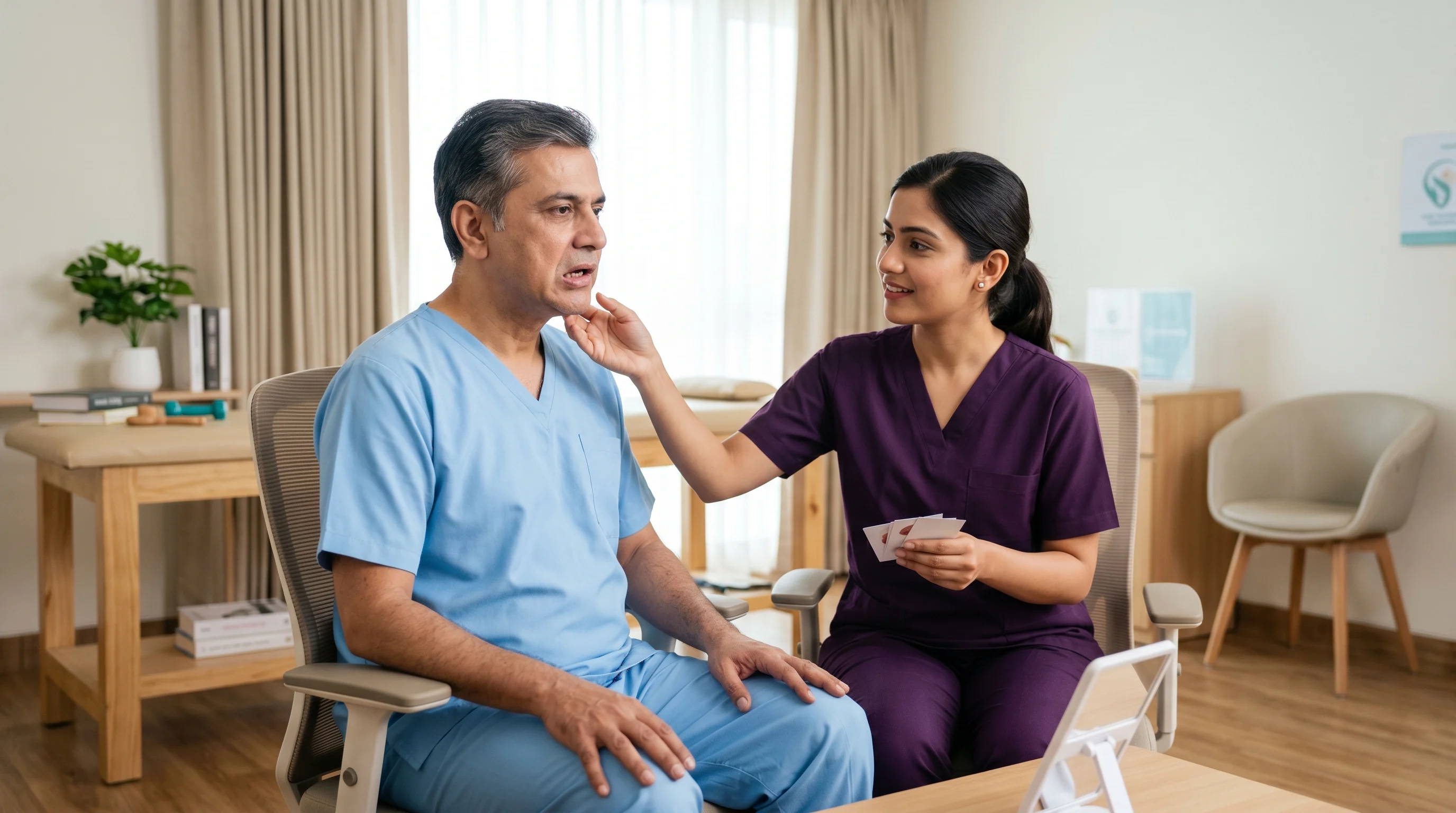 Speech-language therapist providing speech and swallowing rehabilitation to a neurological patient at Wellnest Physio & Rehabilitation Centre in Kurnool.